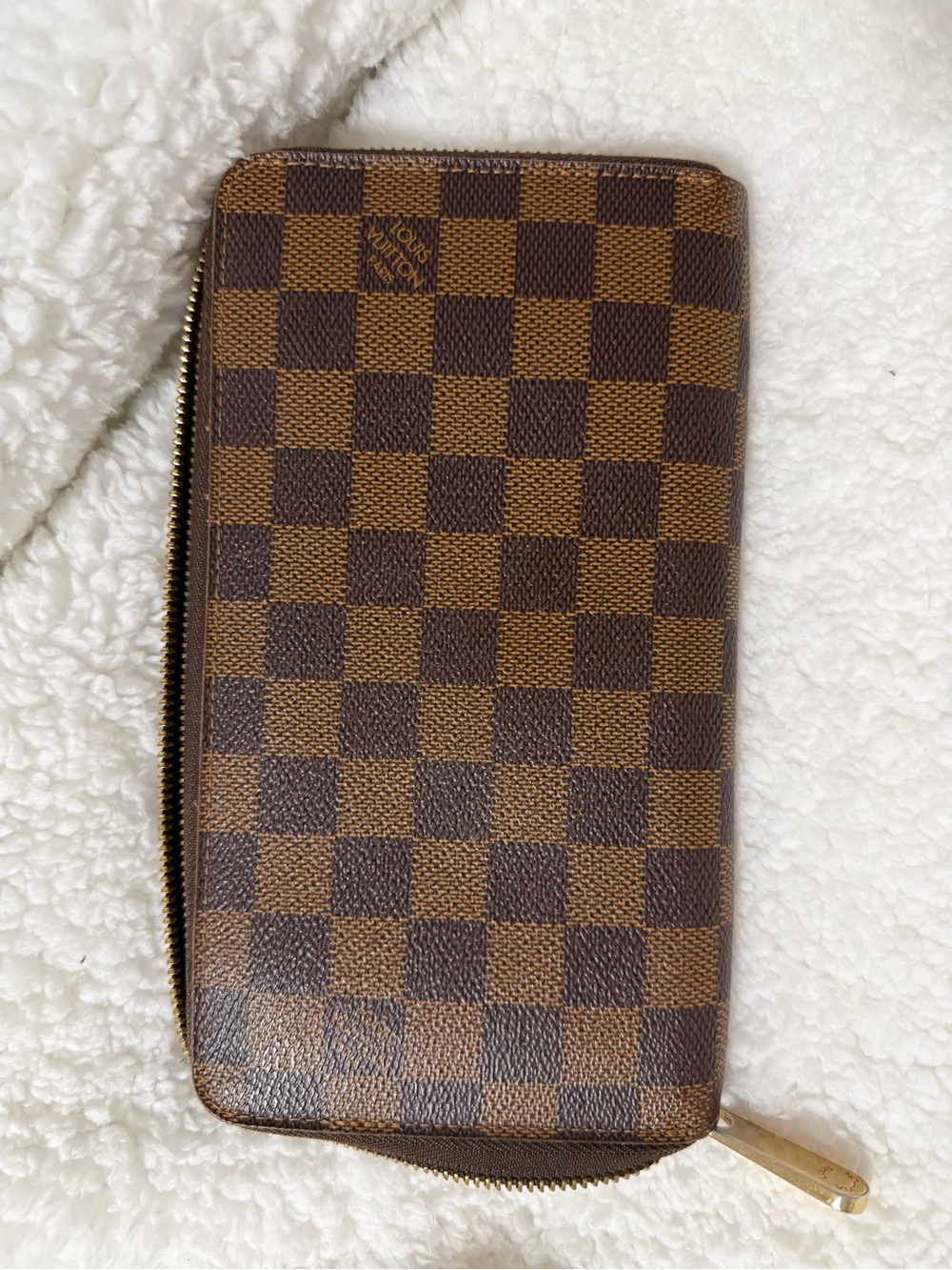 Louis Vuitton Brown Damier Zippered Wallet with Gold Hardware